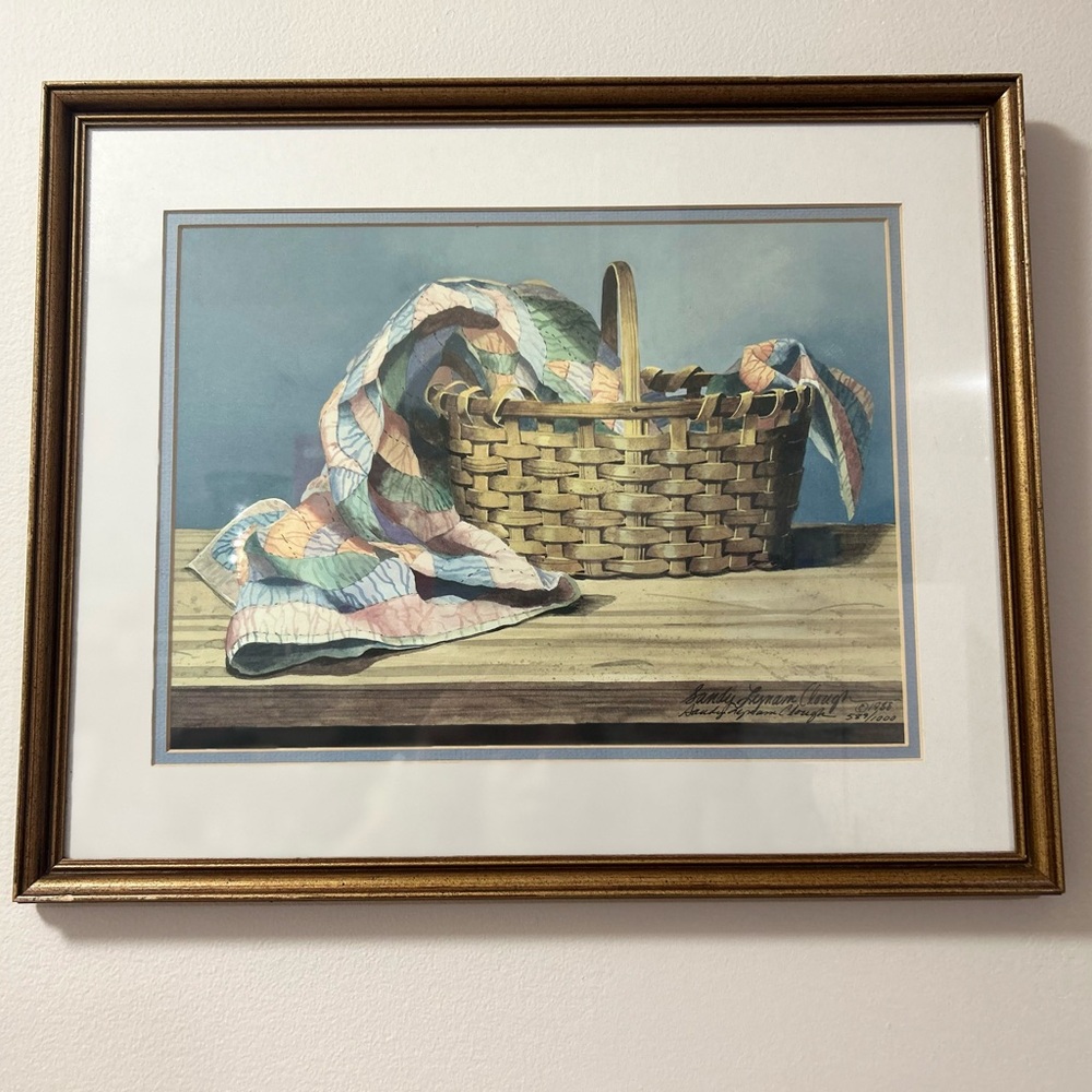 Framed Basket Art Print with Multicolor Quilt